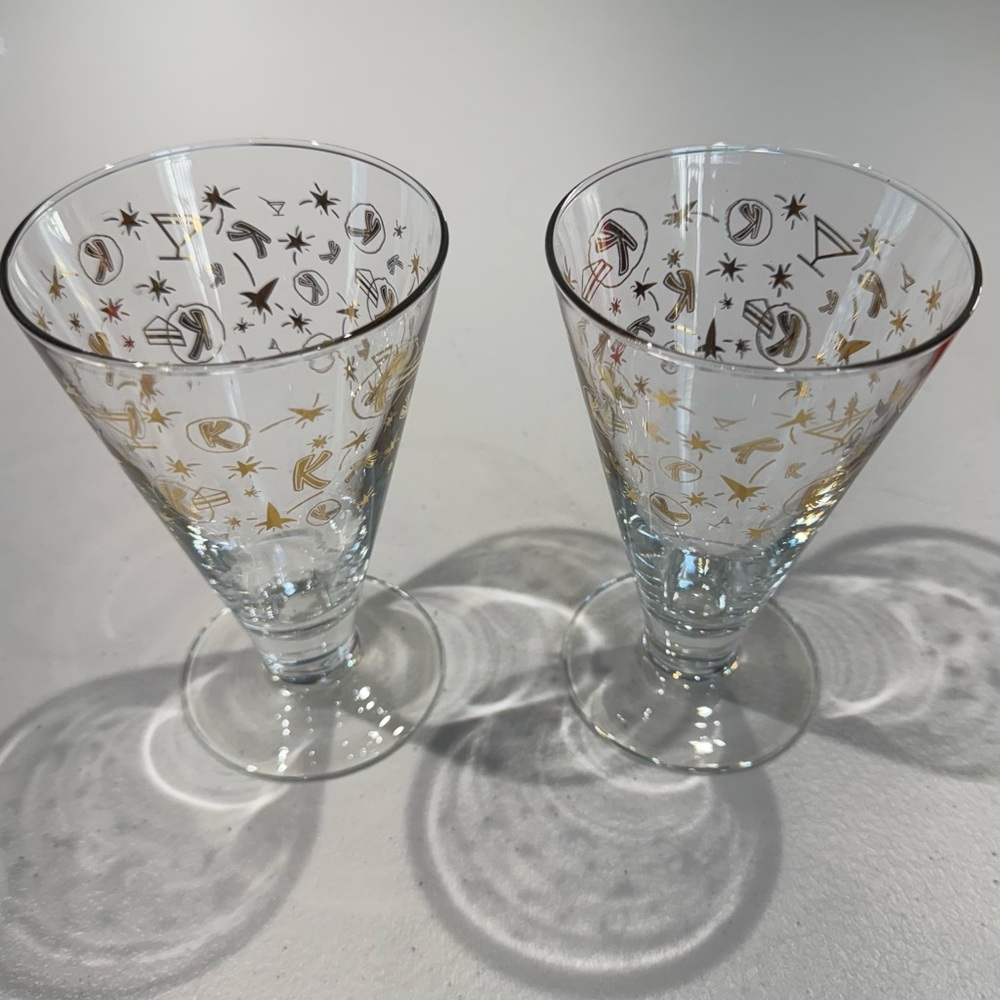 Vintage MCM Kahlua Glasses Gold Atomic, Stars & "K" Logo Design Footed Set of 2